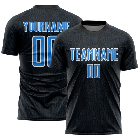 Blue-White Sublimation Powder Soccer Custom Sports Black Shape Geometric Uniform Jersey Blue-White Sublimation Powder Soccer Custom Sports Black Shape Geometric Uniform Jersey